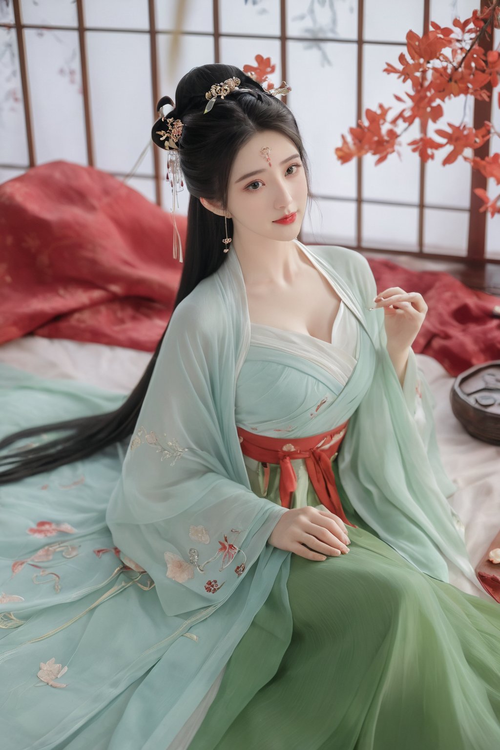 (masterpiece, best quality:1.2),1girl, solo, long hair, black hair,(huge breasts:1.89),Hairpins,necklace, hair ornament, dress, full body, flower, earrings, indoors, hair bun, (red-green dress:1.29),(Tube top Hanfu long skirt:1.1), pillow, bed, night, chinese clothes, table, branch,daxiushan, ,daxiushan style,(huge breasts:2.33), (full breasts:2.34), realistic,hanfu, daxiushan,Shoulders are exposed, , daxiushan, arien_hanfu,,More Reasonable Details,Xyunluo,Xningyudie