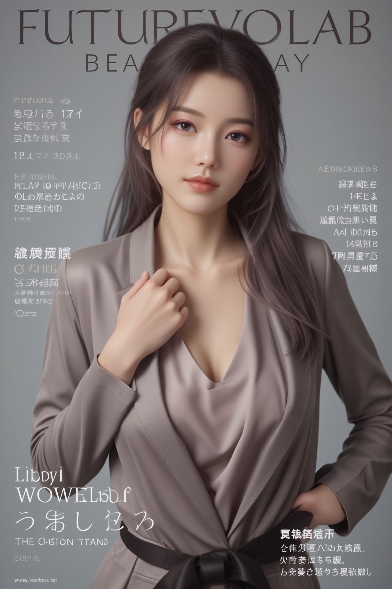 A high-fashion magazine cover featuring a close-up, upper-body shot of a beautiful Japanese female model with an enhanced bust size, confidently posing with elegance. Her sharp yet graceful facial features are highlighted, and she wears a stylish, modern outfit that accentuates her figure while maintaining a sophisticated and polished look. The background is a neutral gray with professional, magazine-quality lighting that enhances her photorealistic skin texture.

Across the cover, bold and stylish magazine text is displayed, including the title in elegant font: **"FuturEvoLab Beauty"** at the top. Other headlines include:
- **"Fashion Forward: The Future of Elegance"**
- **"Secrets to Confidence and Style"**
- **"Model of the Year: Embracing Allure and Power"**

The overall composition combines high-end fashion photography with captivating headlines that frame the model’s pose, drawing attention to her beauty and presence. The cover reflects sophistication, confidence, and modern fashion, with the FuturEvoLabBeautify aesthetic enhancing the visual impact.,Xxyjy,Xyunxiao