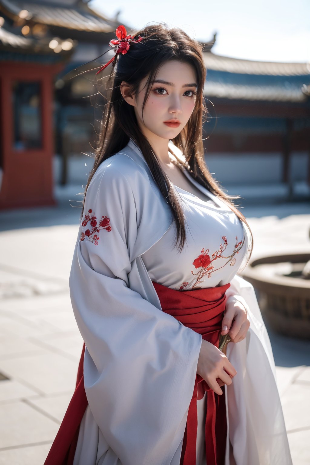 fenmo, fense, 1girl, black hair, flower, hair ornament, realistic, holding, hair flower, blurry, holding flower, chinese clothes, looking at viewer, (red hanfu:1.29), black eyes, basket, blurry background,hanfu,cho girl,(big breasts:1.56),gufeng,embroidered flower patterns