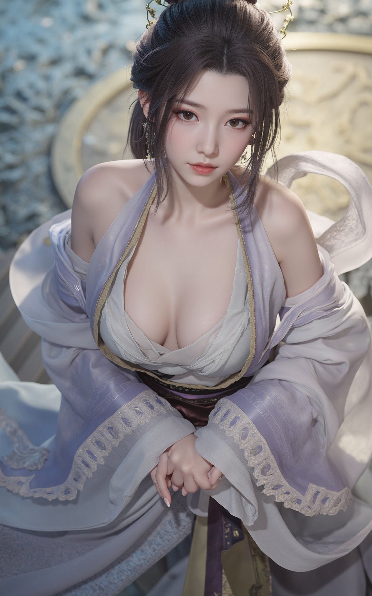 (masterpiece, best quality:1.2), 1girl, (hanfu dress:1.26),looking at viewer,(huge breasts:1.79),Depth of field,