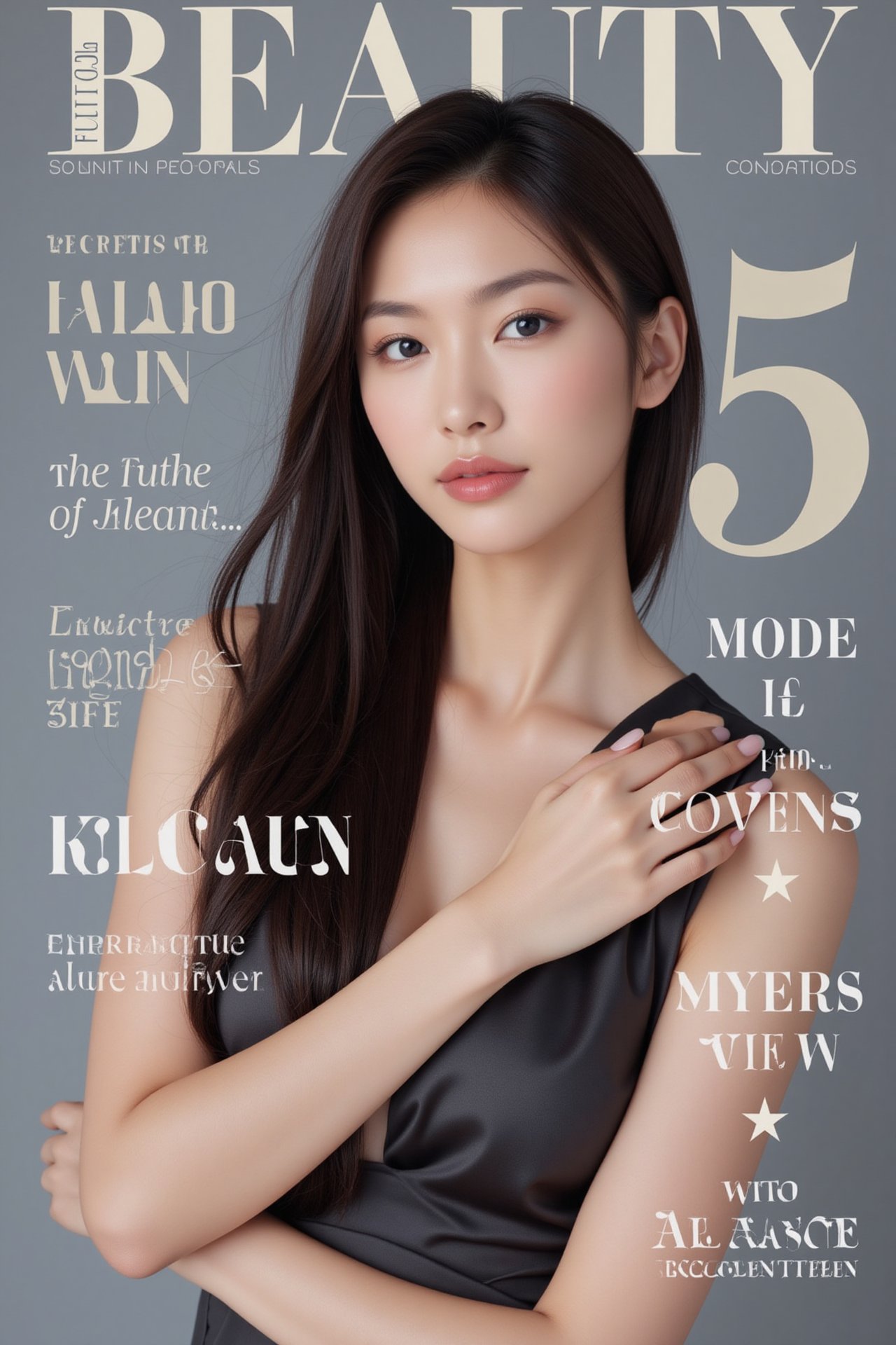 A high-fashion magazine cover featuring a close-up, upper-body shot of a beautiful Japanese female model with an enhanced bust size, confidently posing with elegance. Her sharp yet graceful facial features are highlighted, and she wears a stylish, modern outfit that accentuates her figure while maintaining a sophisticated and polished look. The background is a neutral gray with professional, magazine-quality lighting that enhances her photorealistic skin texture.

Across the cover, bold and stylish magazine text is displayed, including the title in elegant font: **"FuturEvoLab Beauty"** at the top. Other headlines include:
- **"Fashion Forward: The Future of Elegance"**
- **"Secrets to Confidence and Style"**
- **"Model of the Year: Embracing Allure and Power"**

The overall composition combines high-end fashion photography with captivating headlines that frame the model’s pose, drawing attention to her beauty and presence. The cover reflects sophistication, confidence, and modern fashion, with the FuturEvoLabBeautify aesthetic enhancing the visual impact.,Xxyjy