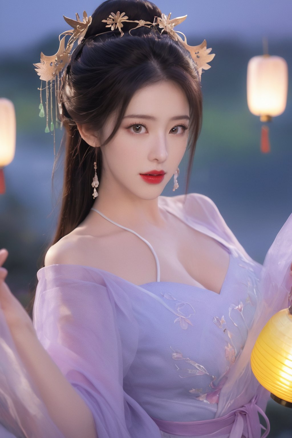  (masterpiece, best quality:1.2),1girl, navel, solo, midriff, bare shoulders, lantern, hair ornament, flower, hair flower, paper lantern, black hair, red lips, looking at viewer, chinese clothes, (light purple-green-blue dress:1.23), purple eyes,blurry, solo focus, long hair, lips, night, lipstick, outdoors, upper body, blurry,(huge breasts:2.34), background, solo, makeup, hair bun,Xyunluo,Xningyudie