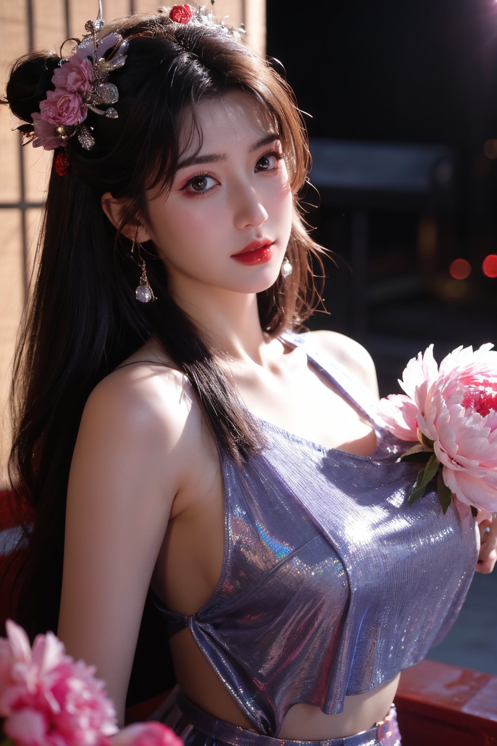  (masterpiece, best quality:1.2),1girl, navel, solo, midriff, bare shoulders, lantern, hair ornament, flower, hair flower, paper lantern, black hair, red lips,BREAK, looking at viewer, chinese clothes,(Holographic color:1.29), (Holographic red dress:1.36), BREAK,purple eyes,blurry, solo focus, long hair, lips, night, lipstick, outdoors, upper body, blurry,(huge breasts:1.51), background, solo, makeup, hair bun,Xyunxiao,(Peony,sunlight:1.39)