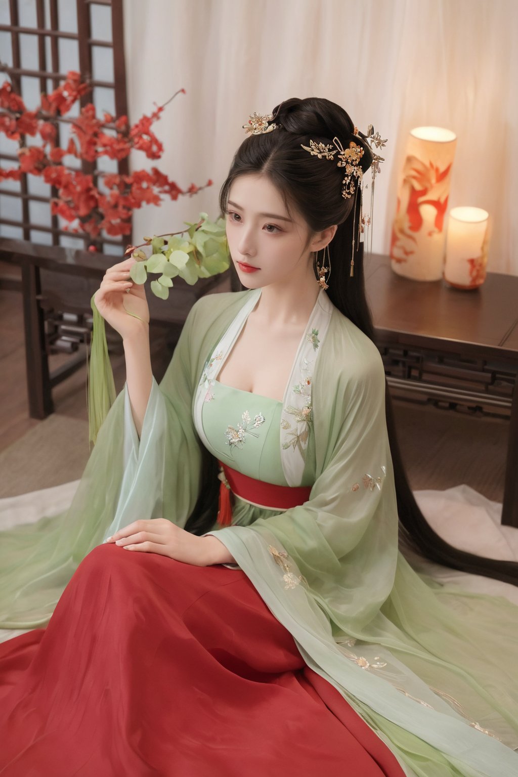 (masterpiece, best quality:1.2),1girl, solo, long hair, black hair,(huge breasts:1.89),Hairpins,necklace, hair ornament, dress, full body, flower, earrings, indoors, hair bun, (red-green dress:1.29),(Tube top Hanfu long skirt:1.1), pillow, bed, night, chinese clothes, table, branch,daxiushan, ,daxiushan style,(huge breasts:2.33), (full breasts:2.34), realistic,hanfu, daxiushan,Shoulders are exposed, , daxiushan, arien_hanfu,,More Reasonable Details,Xyunluo,Xningyudie