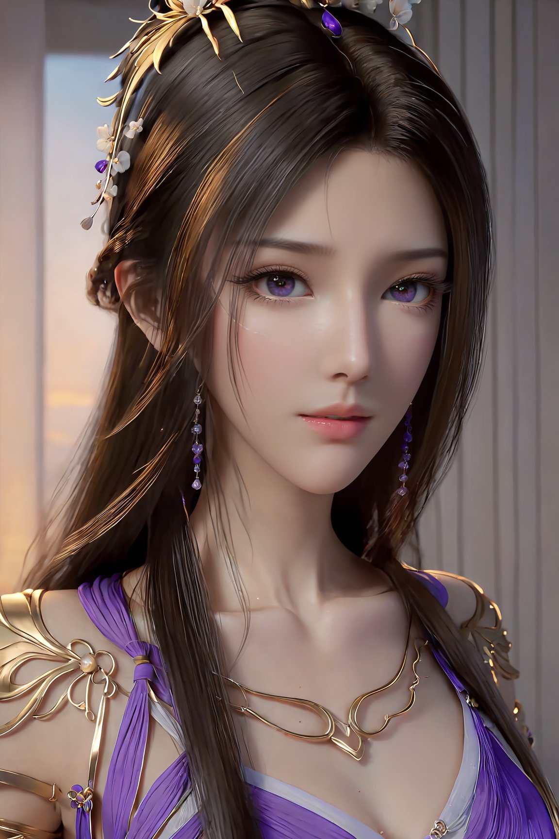 best quality,masterpiece,realistic,ultra-fine painting,extreme detail description,Professional,Vivid Colors,extremely detailed CG unity 8k wallpaper,an extremely delicate and beautiful,official art,sweet and delicate girl,delicate facial features,(perfect bright figure:1.1),surrounded,Bright,romantic long hair,natural light,warm and sweet,a girl,upper body,,black long hair,purple eyes,purple skirt,veil,Xziling,xxmixgirl,,(big breasts:1.29),More Reasonable Details