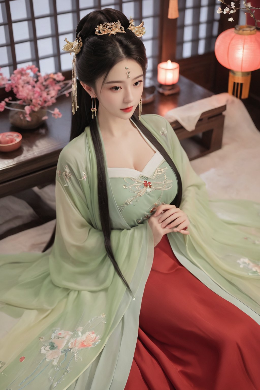 (masterpiece, best quality:1.2),1girl, solo, long hair, black hair,(huge breasts:1.89),Hairpins,necklace, hair ornament, dress, full body, flower, earrings, indoors, hair bun, (red-green dress:1.29),(Tube top Hanfu long skirt:1.1), pillow, bed, night, chinese clothes, table, branch,daxiushan, ,daxiushan style,(huge breasts:2.33), (full breasts:2.34), realistic,hanfu, daxiushan,Shoulders are exposed, , daxiushan, arien_hanfu,,More Reasonable Details,Xyunluo,Xningyudie