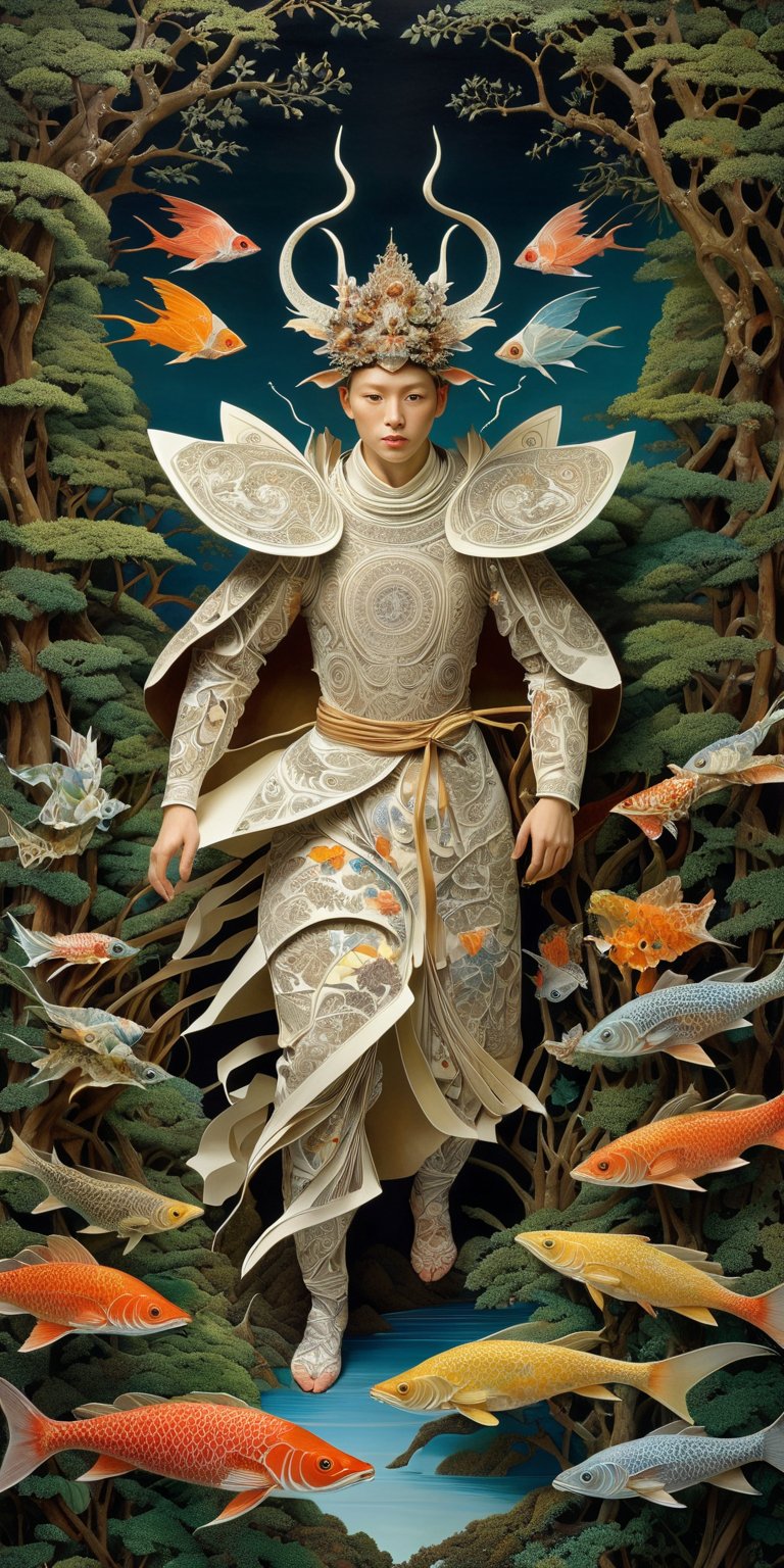 photography in the style of detailed hyperrealism ,creature ,fantasy,James Christensen,bold lines,hyper detailed

(realistic figures in the foreground, impressionistic  and oil painting in the background 1.2)

(Kirigami representation, 3D, paper folding, paper cutting, Japanese, intricate, symmetrical, precision, clean lines : 1.3)
