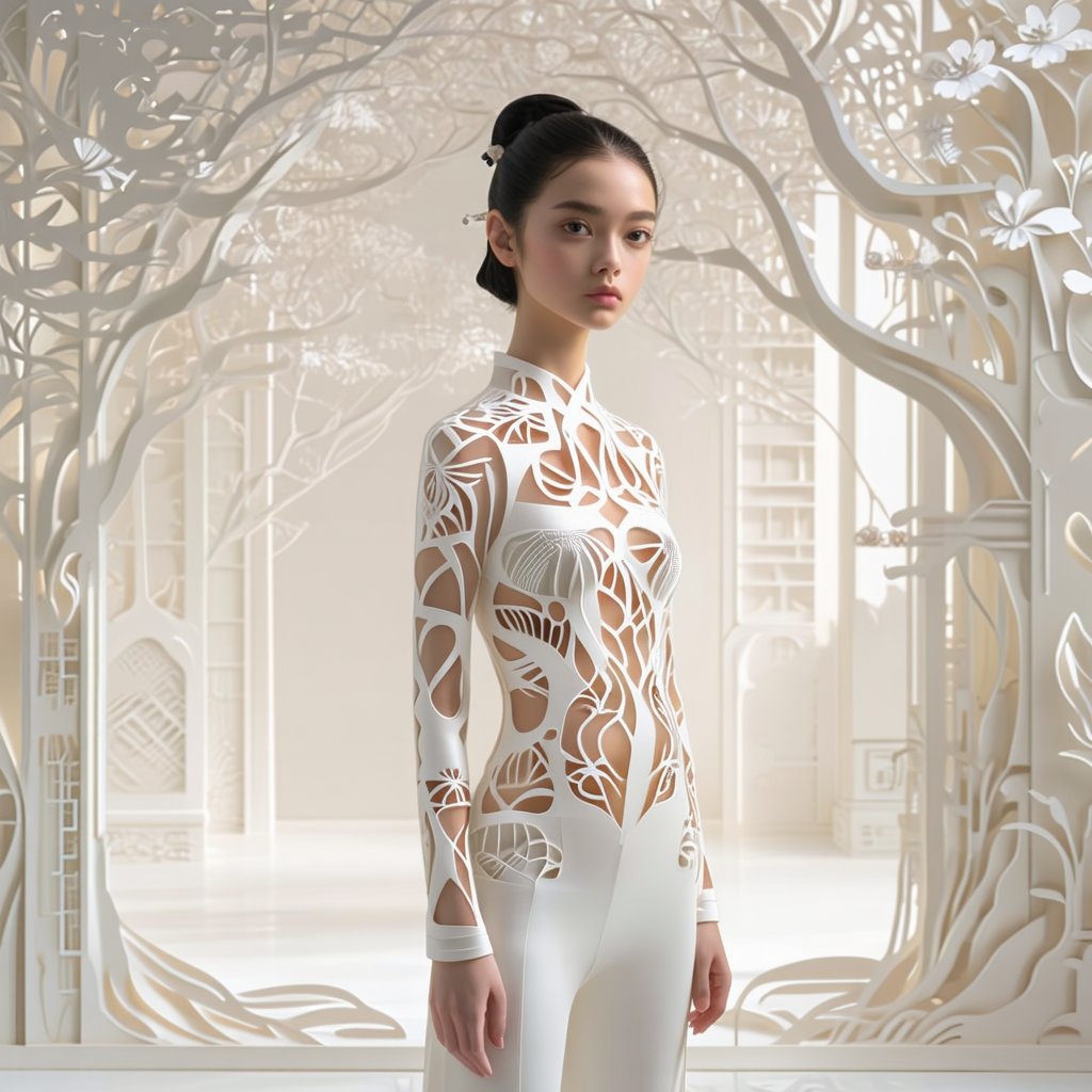 A girl with Natalie Portman's likeness stands tall in a symmetrical composition, surrounded by punk-inspired aesthetics. Soft light wraps gently around her, highlighting intricate paper-cut designs reminiscent of Kirigami sculptures on her medium-breasted figure. The Japanese Folk Art Style's precision and clean lines are showcased, as if Albert Gleizes and Floria Borsi merged their styles to create this captivating piece.