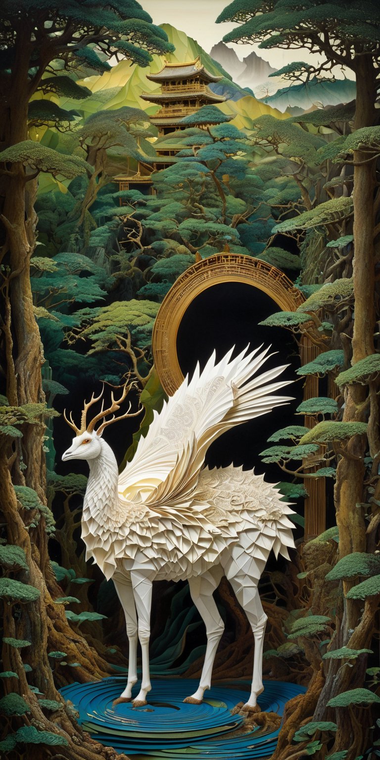 photography in the style of detailed hyperrealism ,creature ,fantasy,James Christensen,bold lines,hyper detailed

(realistic figures in the foreground, impressionistic  and oil painting in the background 1.2)

(Kirigami representation, 3D, paper folding, paper cutting, Japanese, intricate, symmetrical, precision, clean lines : 1.3)
