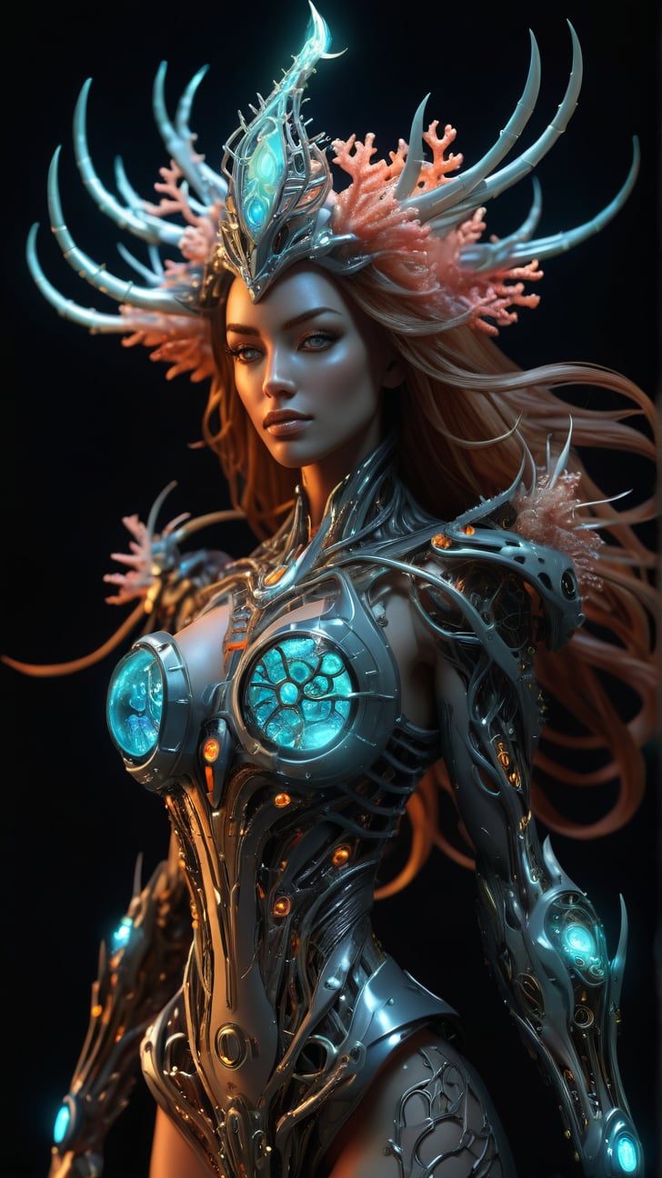 A fantasy Witchblade with an odd shape, featuring intricate mechanical details and a mix of organic and inorganic elements with glowing lights inside and light particles around, bioluminescent corals.