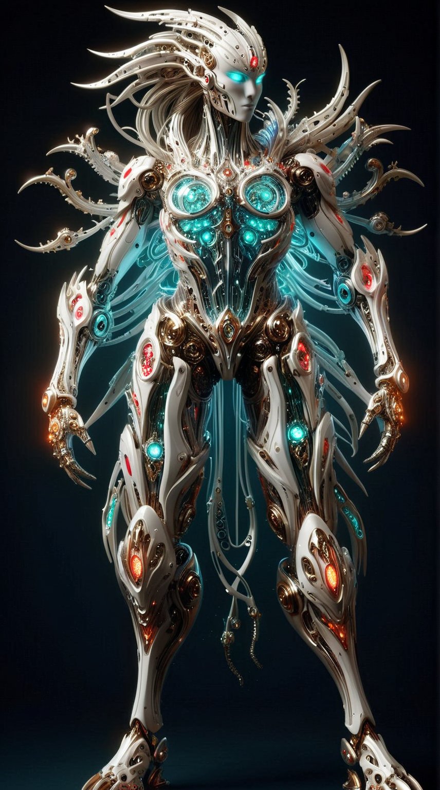 Full body a fantasy biomechanical Seiya Witchblade mecha with an odd shape, featuring intricate mechanical details and a mix of organic and inorganic elements with glowing lights inside and light particles around, bioluminescent corals.