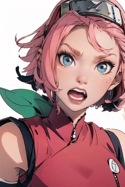 1girl, solo, looking at viewer, green eyes, short hair, open mouth, simple background, white background, upper body, greyscale, hairband, parted lips, sleeveless, headband, zipper, sleeveless jacket, haruno sakura,Sakura Haruno