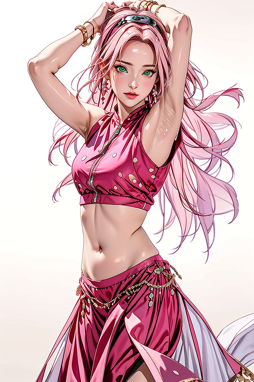 Sakura Haruno, pink hair, green eyes, belly dance, dance, festival, accessories, gold, jewelry, masterpiece, best quality