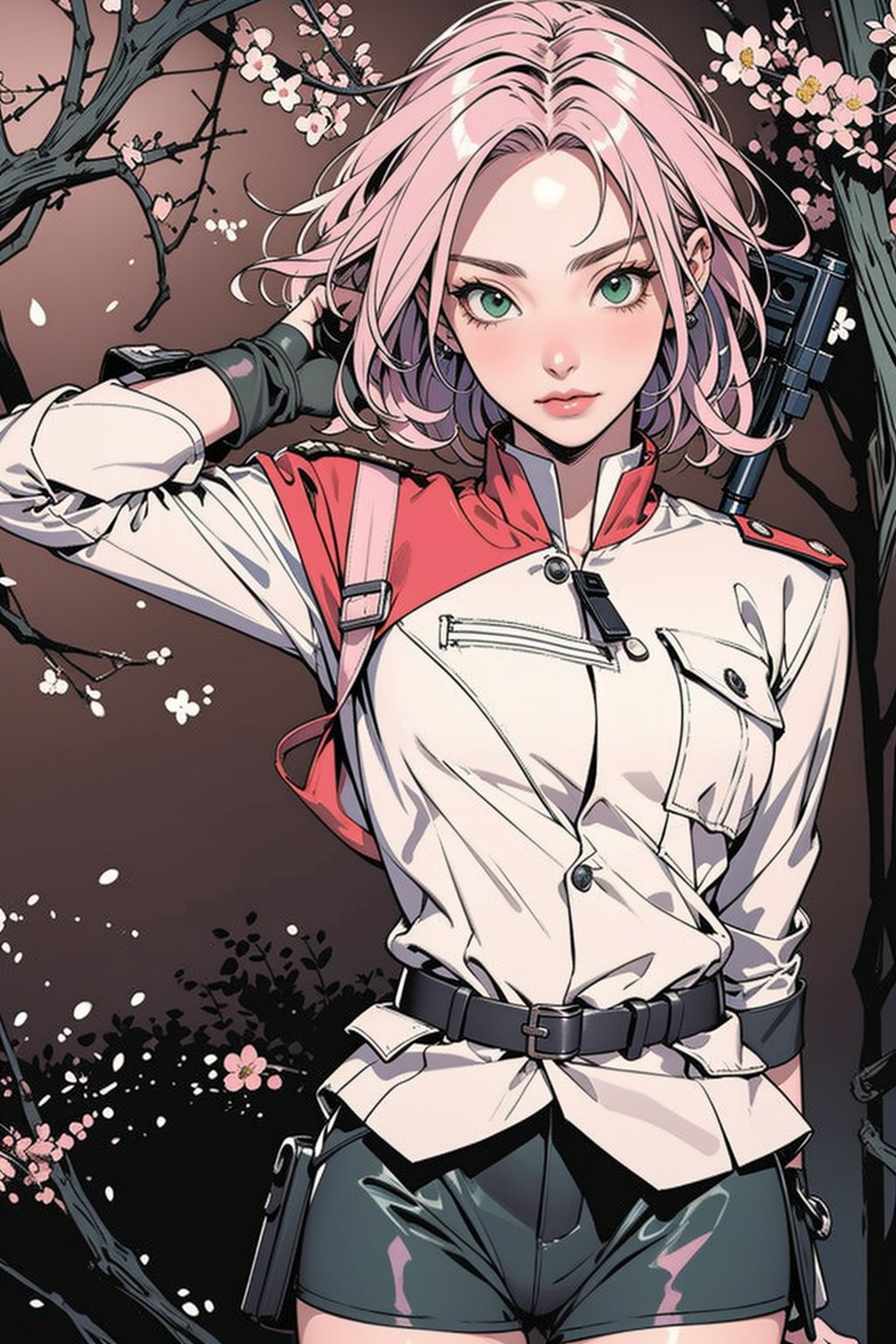 Sakura Haruno, pink hair, green eyes, military, military outfit, war, fire, gun, firearm, weapon, masterpiece, best quality