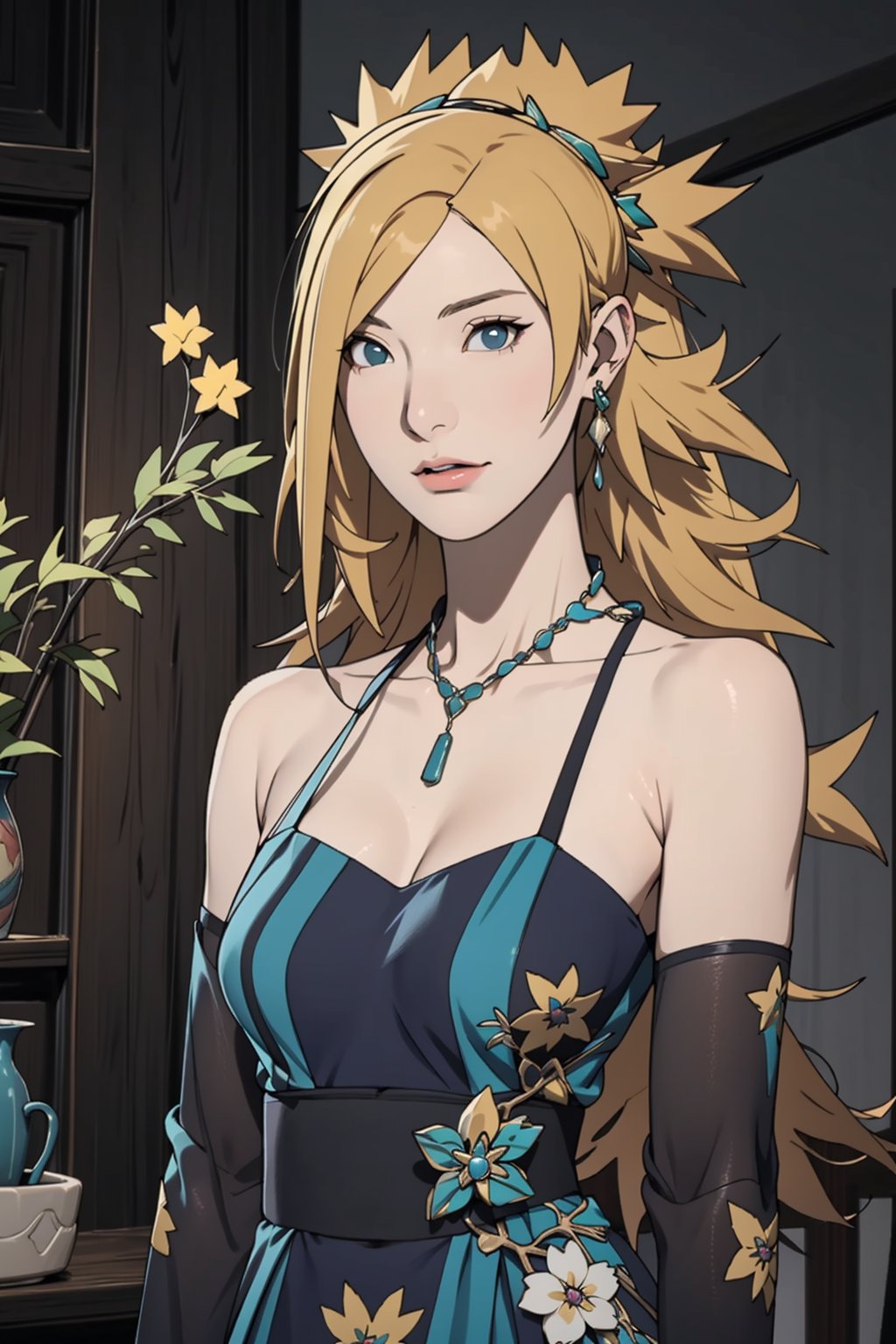 Temari, Temari Sabakuno, short blonde hair, teal eyes, elegant dress, dress, elegant, gala, festive, jewelry, accessories, masterpiece, best quality