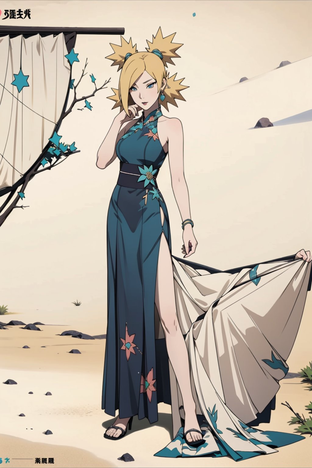 Temari, Temari Sabakuno, blonde hair, teal eyes, elegant dress, dress, elegant, gala, festive, jewelry, accessories, masterpiece, best quality