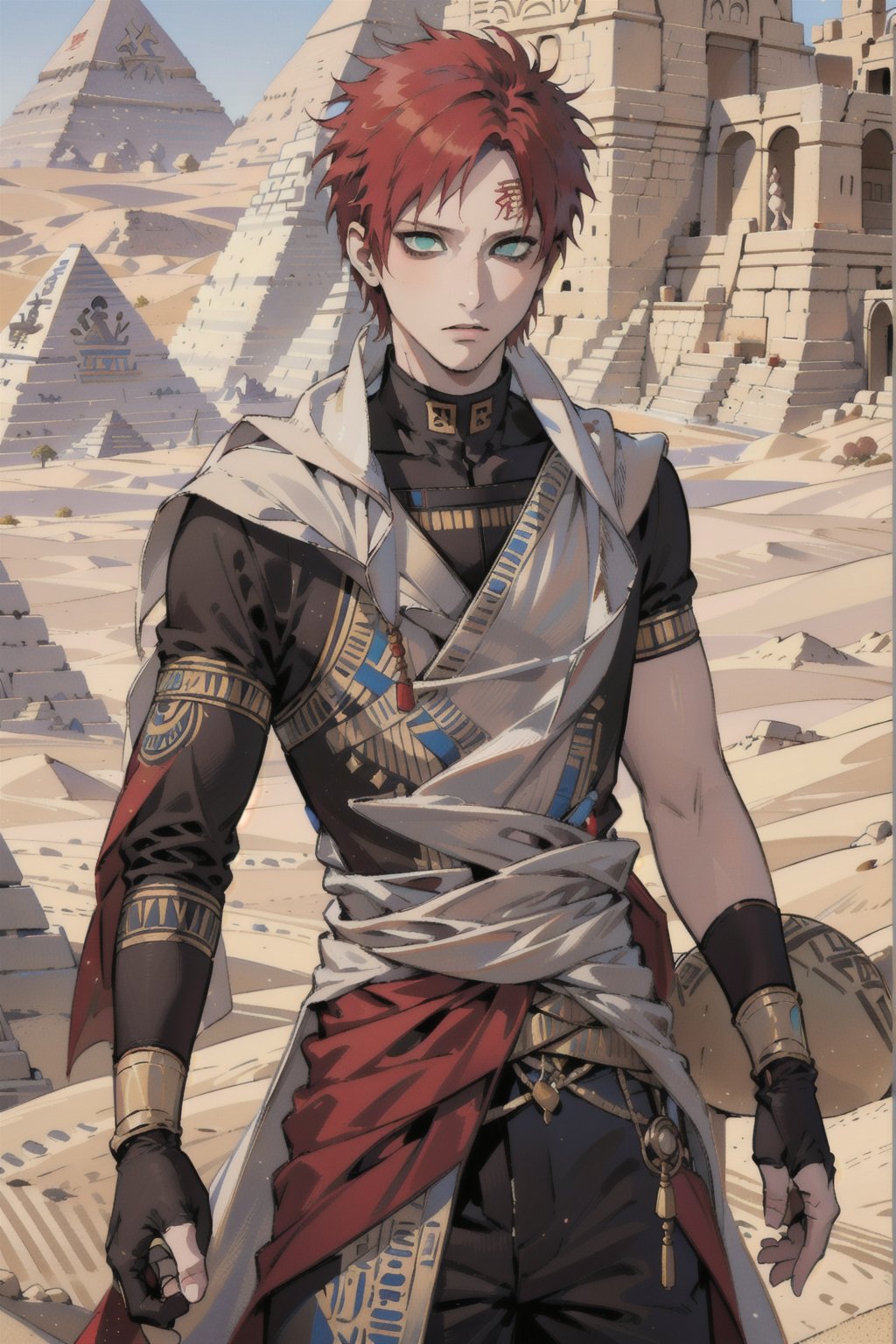 Gaara Sabakuno, Gaara, red hair, green eyes, egypt clothes, ancient egypt, egyptian, desert, sand, royalty, accessories, gold, masterpiece, best quality