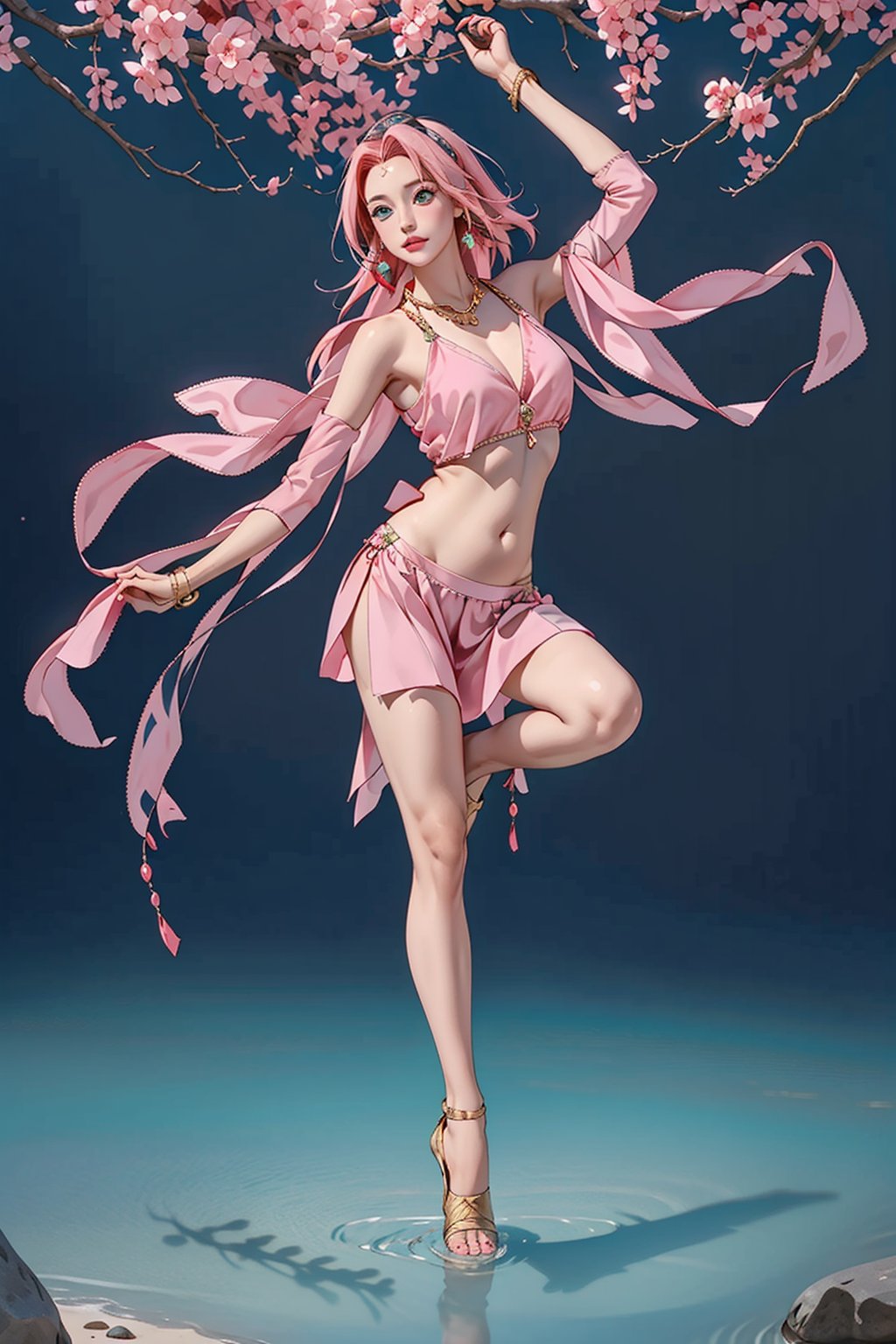 Sakura Haruno, pink hair, green eyes, belly dance, dance, festival, accessories, gold, jewelry, masterpiece, best quality