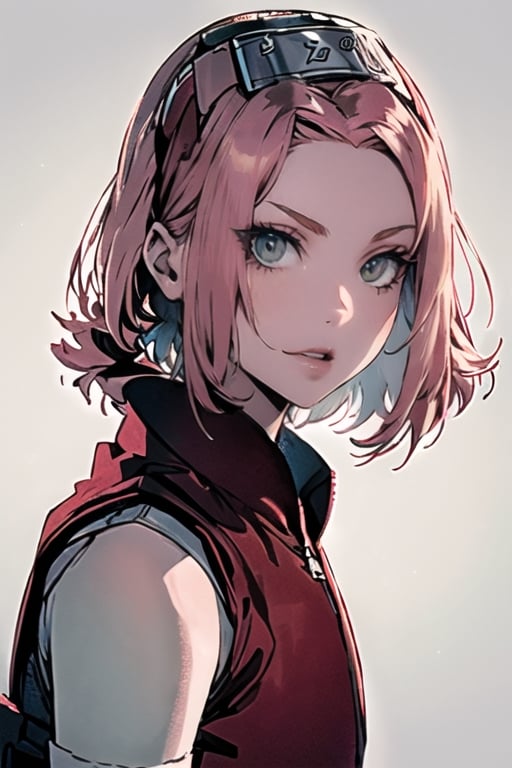 1girl, solo, looking at viewer, green eyes, short hair, mouth closed, simple background, white background, upper body, greyscale, hairband, parted lips, sleeveless, headband, zipper, sleeveless jacket, haruno sakura,Sakura Haruno,highres