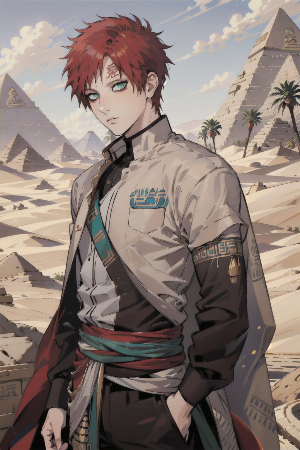 Gaara Sabakuno, Gaara, red hair, green eyes, egypt clothes, ancient egypt, egyptian, desert, sand, royalty, accessories, gold, masterpiece, best quality