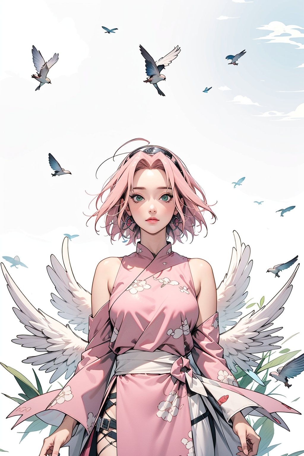 Sakura Haruno, pink hair, green eyes, angel, wings, fly, nature, dress, masterpiece, best quality