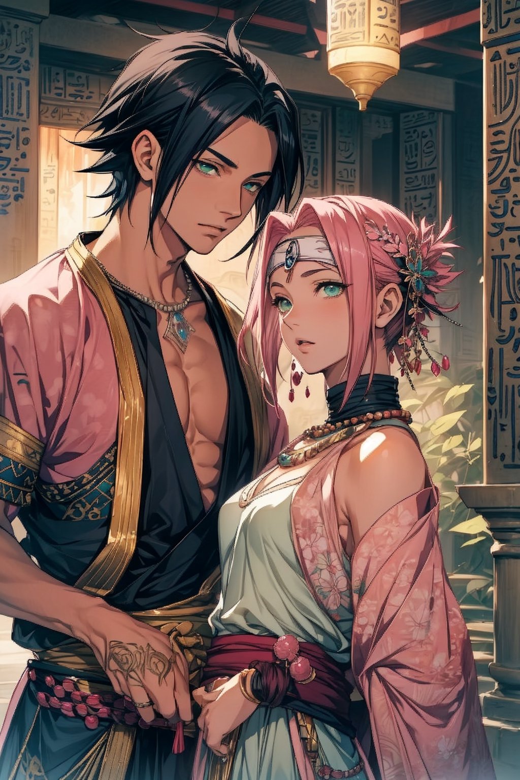 1girl with short pink hair and green eyes and small breasts wearing egpyt-style dress named Sakura Haruno, 1boy with black hair and dark eyes named Sasuke Uchiha, both having hair ornaments and jewelry, necklace, wearing egypt clothes, looking at each other, royalty, harunoshipp, Sasukeanime