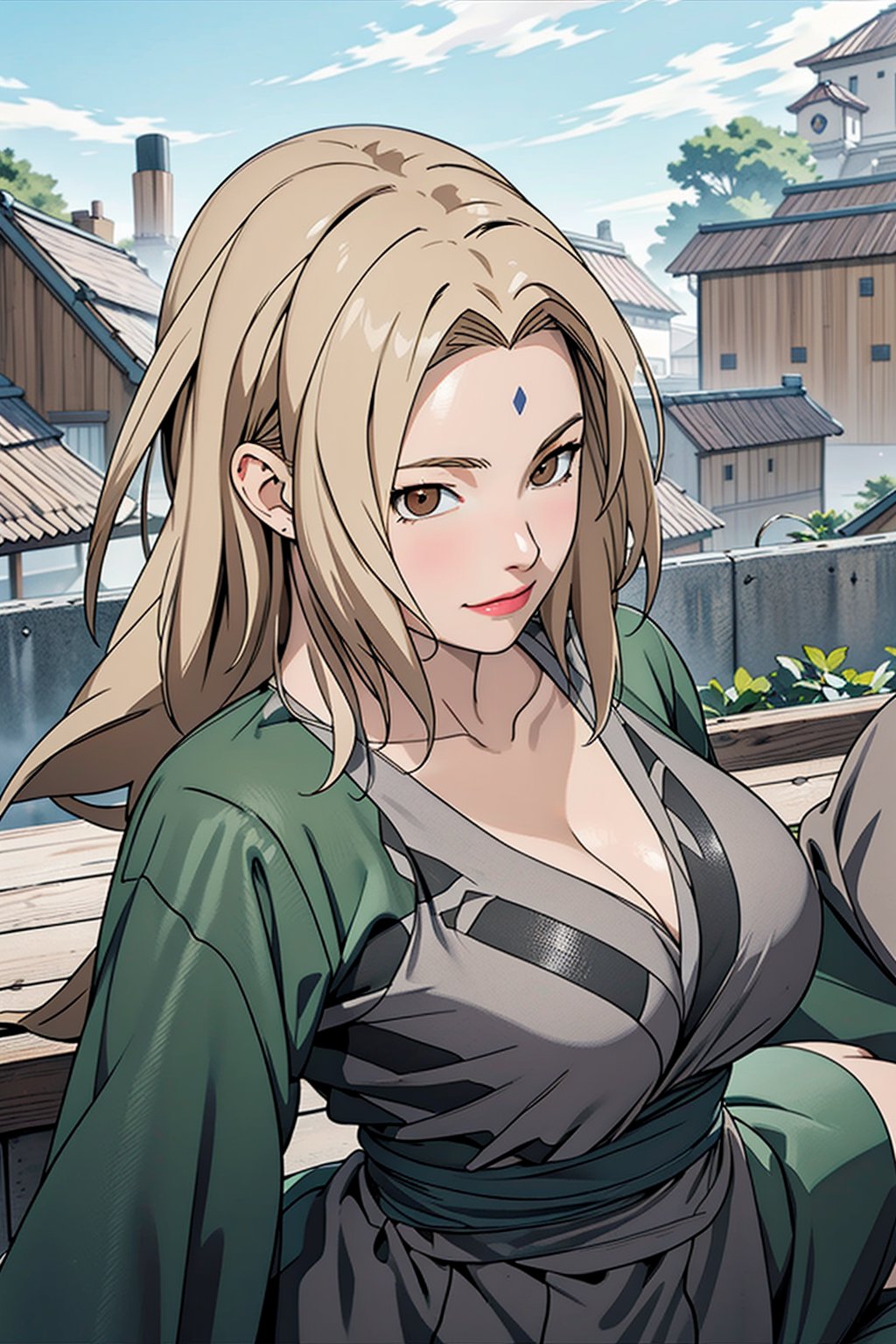 Tsunade, Tsunade Senju, long blonde hair, brown eyes, ninja, shinobi, fishnet, strong, masterpiece, best quality