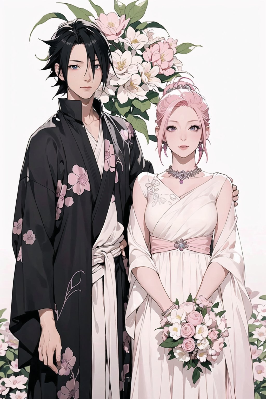 1girl, 1boy, 1girl with short pink hair and green eyes named Sakura Haruno, 1boy with black hair and black eyes named Sasuke Uchiha, couple, marriage, festival, bride, groom, bridal gown, happy, fun, ring, jewellery, accessories, flower, Sakura Haruno, Sasuke Uchiha