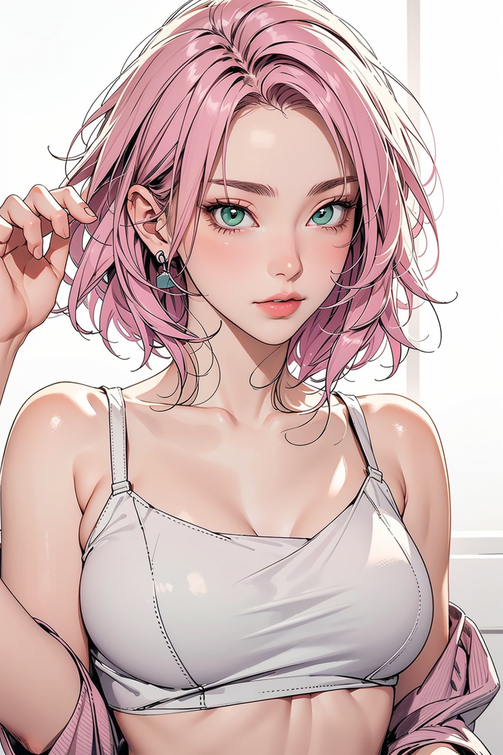 Sakura Haruno, pink hair, green eyes, model, supermodel, top model, modeling, fashion, pose, masterpiece, best quality