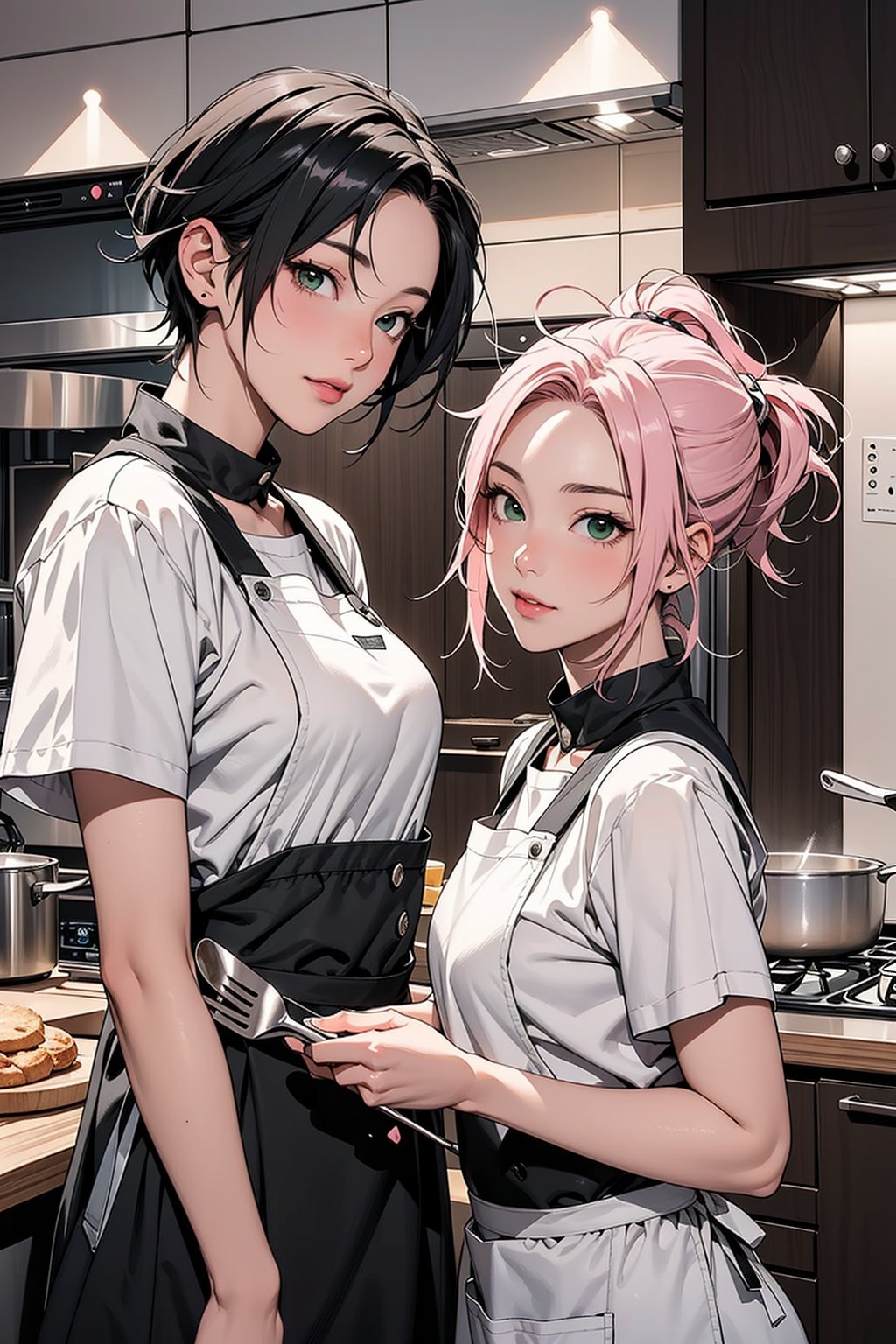 2girls, 1girl with short pink hair and green eyes named Sakura Haruno, 1girl with short black hair and black eyes named Shizune, cooking, baking, 
apron, kitchen, friends, fun, harunoshipp,shizune,JPkitchen,haruno sakura,KRU