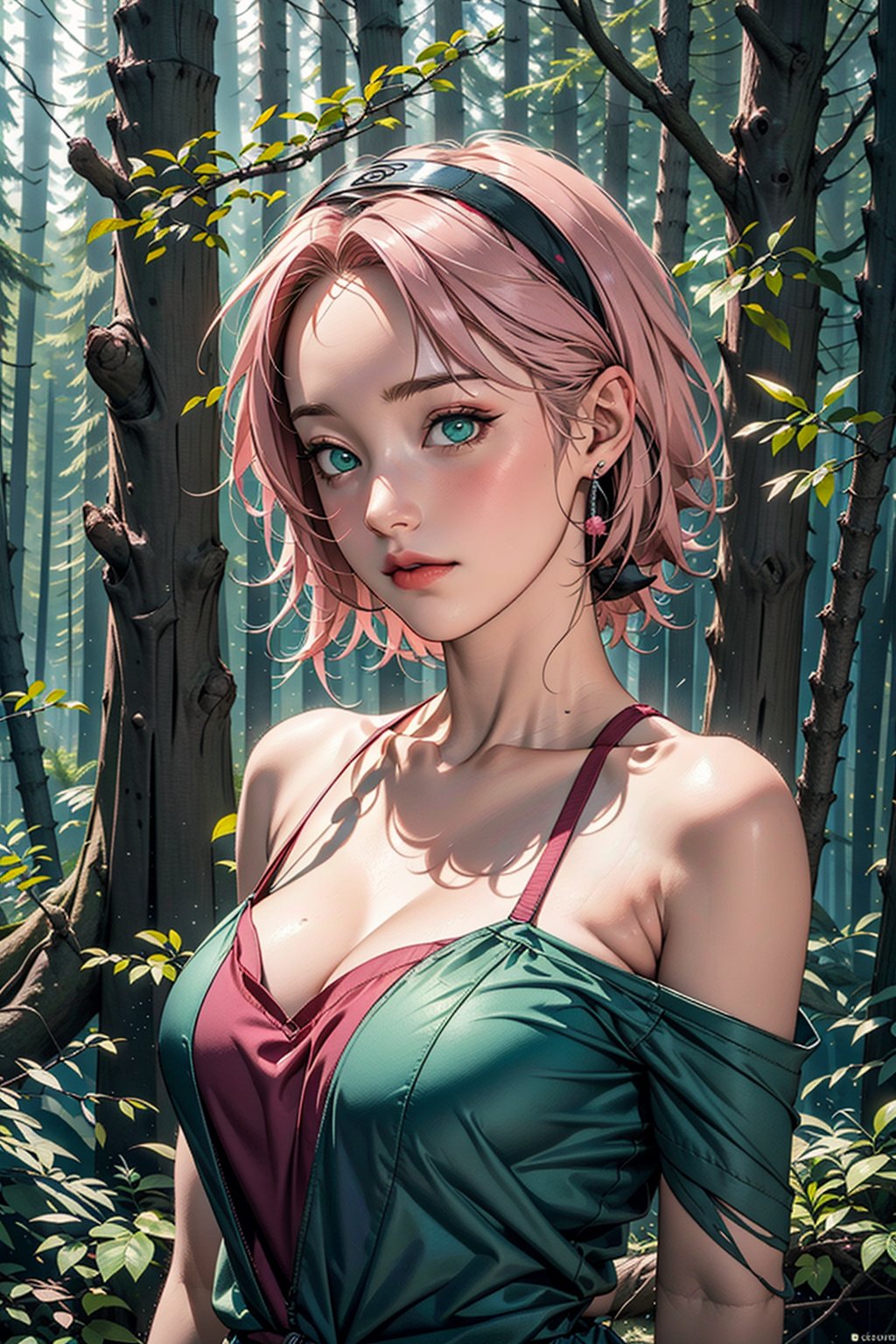 Sakura Haruno, pink hair, green eyes, forest, forest spirit, spirit, ghost, nature, dress, masterpiece, best quality