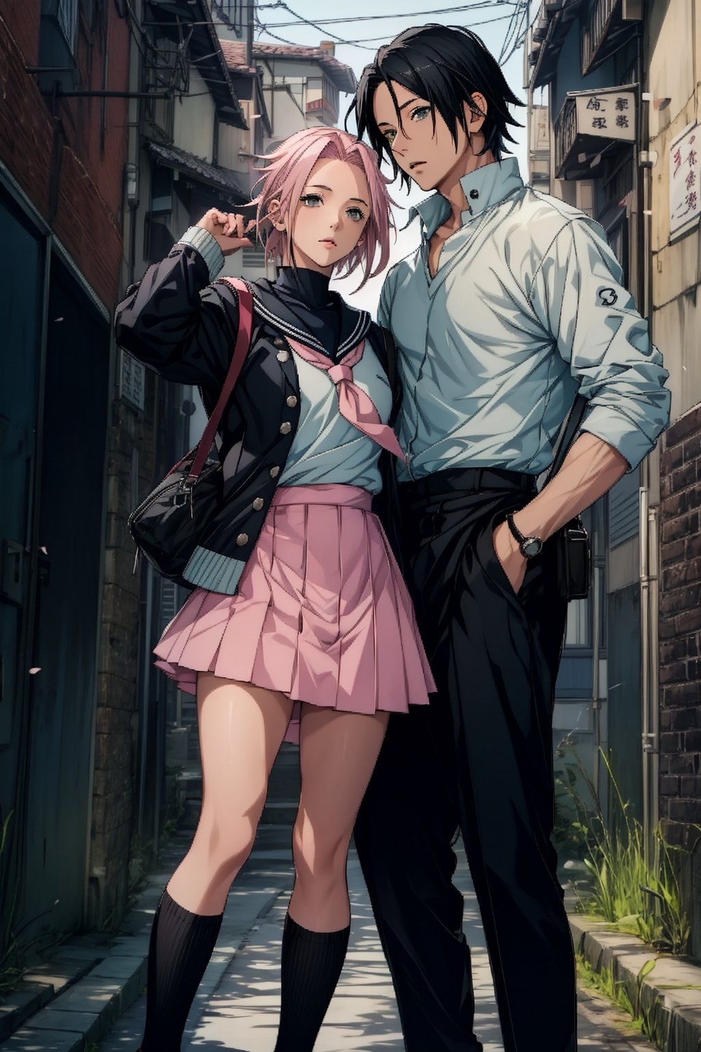 1girl with short pink hair and green eyes and small breast wearing sailor uniform named Sakura Haruno, 1boy with black hair and black eyes named Sasuke Uchiha, wearing high school uniform, looking into camera, couple, harunoshipp, Sasukeanime,Sasuke Uchiha, school_uniform, couple_(romantic),school,tokiwadai school uniform