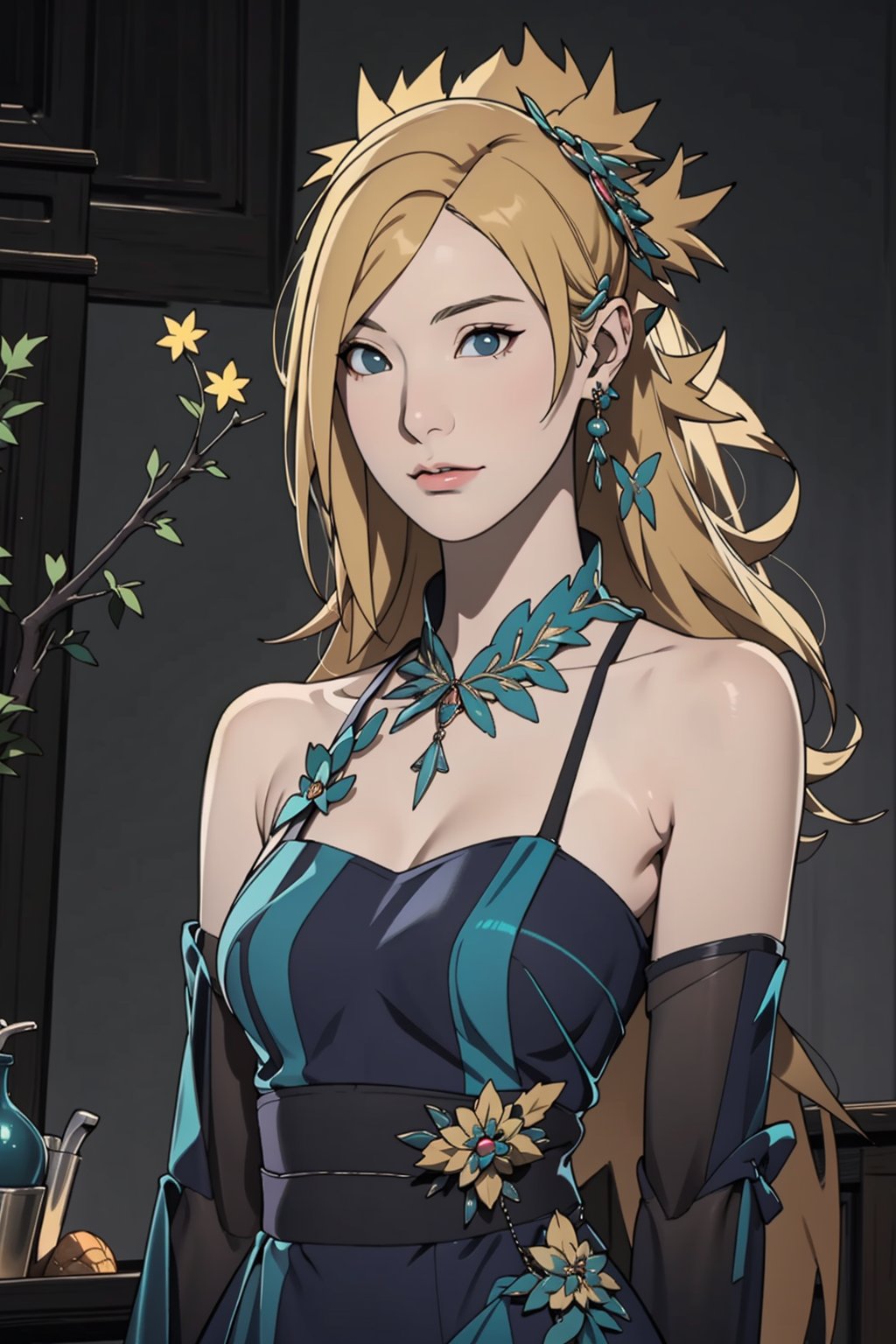 Temari, Temari Sabakuno, blonde hair, teal eyes, elegant dress, dress, elegant, gala, festive, jewelry, accessories, masterpiece, best quality