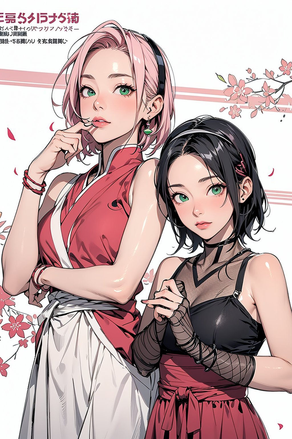 2girls, 1woman with short pink hair and green eyes named Sakura Haruno, 1girl with short black hair and black eyes named Sarada Uchiha, mother and child, family, ninja, shinobi, kunoichi, training, fishnet, harunoshipp, hairband,Saradauchiha,cgi