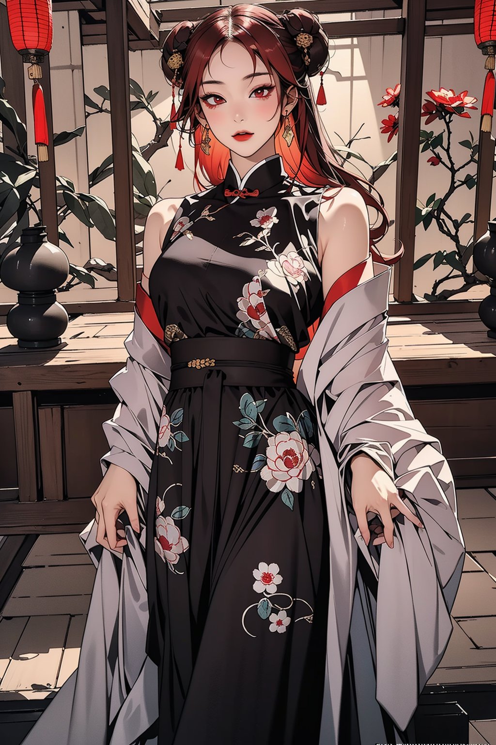 Karin Uzumaki, long red hair, red eyes, ancient asia, ancient china, ancient japan, chinese clothes, japanese clothes, accessories, gold, head accessories, masterpiece, best quality