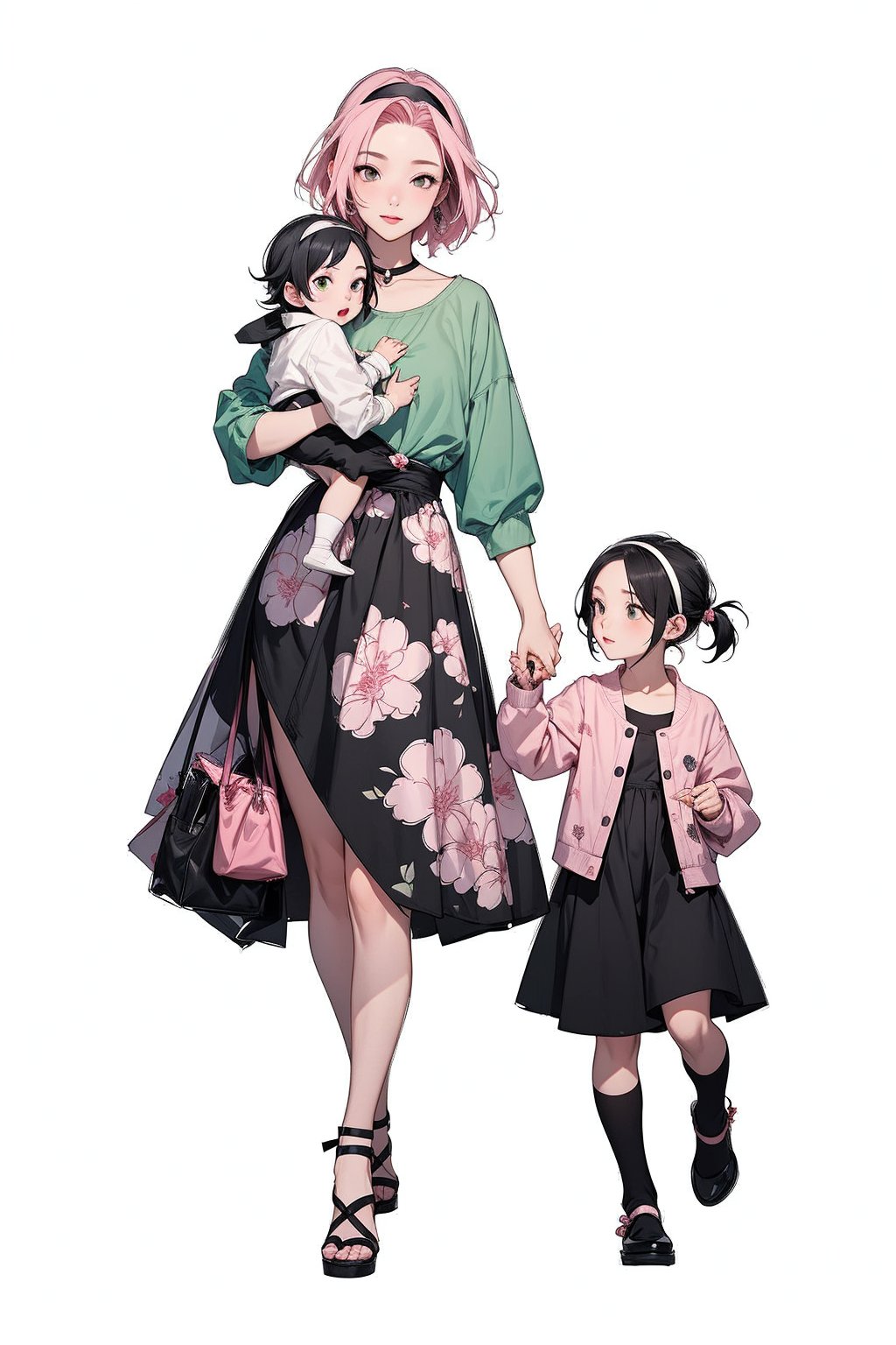 2girls, 1woman with short pink hair and green eyes named Sakura Haruno, 1girl with short black hair and black eyes named Sarada Uchiha, mother and child, family, picnic, fashion, spring, calm, nature, park, harunoshipp, hairband,Saradauchiha,Park_Bench_background