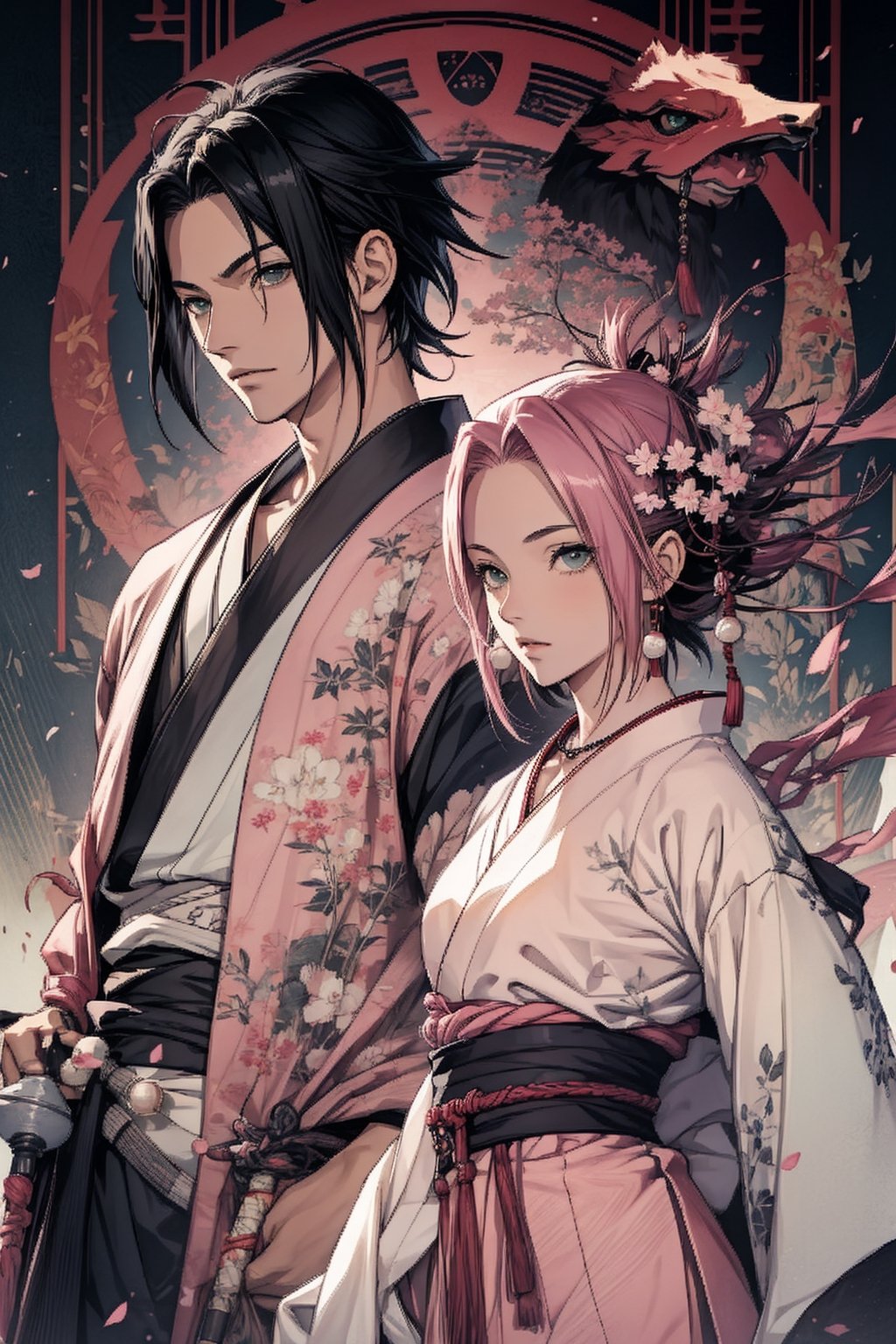 1girl with short pink hair and green eyes and small breast wearing japanese-style dress named Sakura Haruno, 1boy with black hair and black eyes named Sasuke Uchiha, both having hair ornaments and jewelry, necklace, wearing japanese-styled clothes, facing each other, couple, royalty, harunoshipp, Sasukeanime,Sasuke Uchiha, ancient japanese,ancient_beautiful, Japanese art