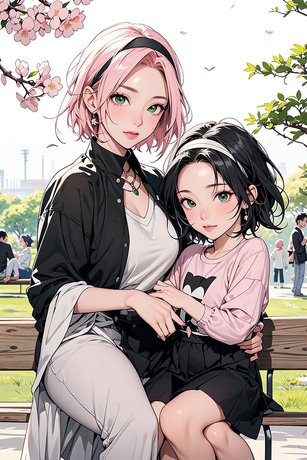 2girls, 1woman with short pink hair and green eyes named Sakura Haruno, 1girl with short black hair and black eyes named Sarada Uchiha, mother and child, family, picnic, fashion, spring, calm, nature, park, harunoshipp, hairband,Saradauchiha,Park_Bench_background