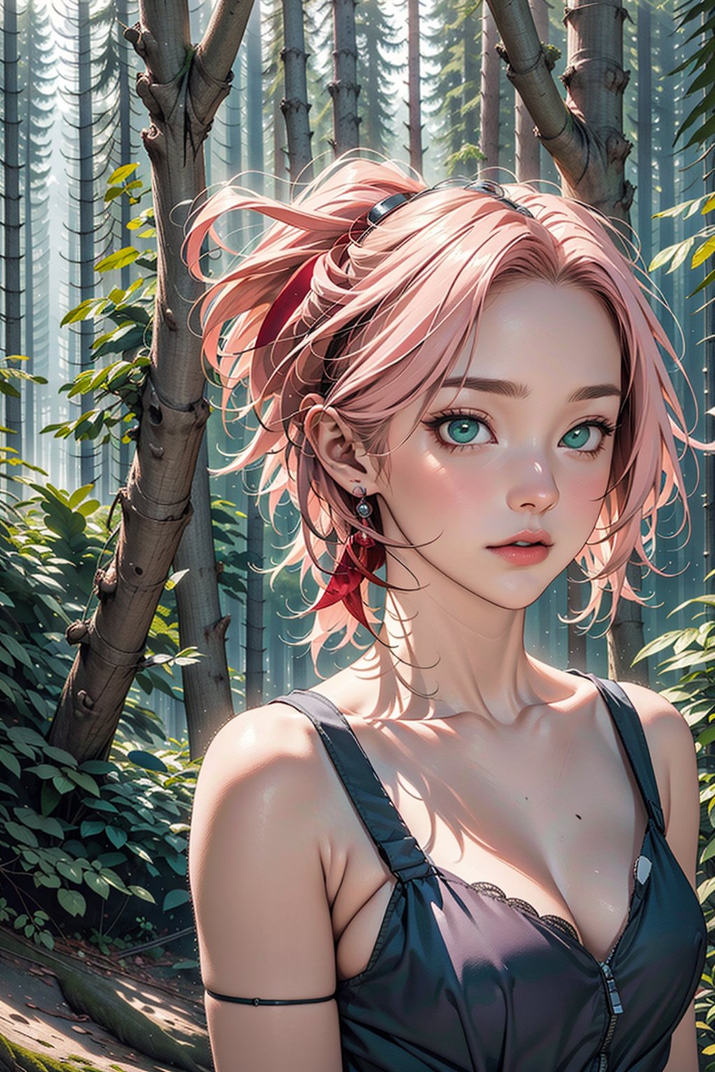 Sakura Haruno, pink hair, green eyes, forest, forest spirit, spirit, ghost, nature, dress, masterpiece, best quality