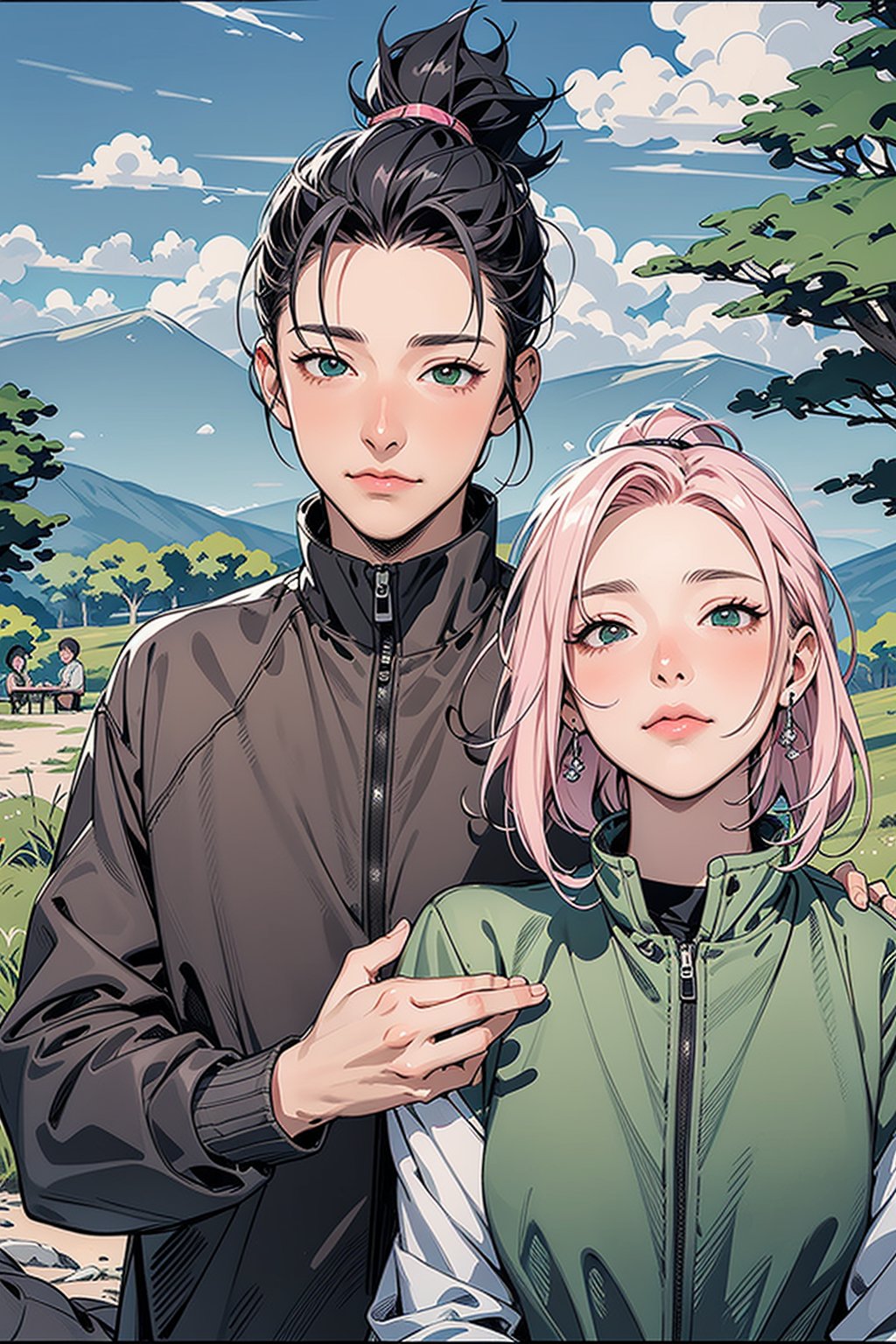 1girl with short pink hair and green eyes named Sakura Haruno, 1man with long black hair in a high ponytail and black eyes named Shikamaru Nara, hiking, picnic, napping, break, nature, relax, cozy, harunoshipp