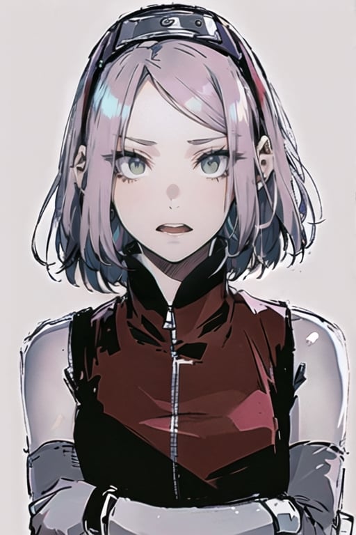 1girl, solo, looking at viewer, green eyes, short hair, open mouth, simple background, white background, upper body, greyscale, hairband, parted lips, sleeveless, sketch, headband, zipper, sleeveless jacket, haruno sakura,Sakura Haruno