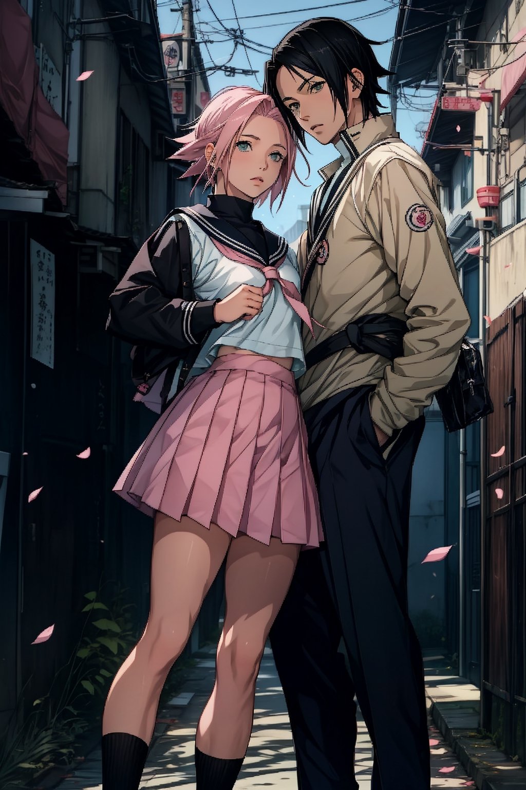 1girl with short pink hair and green eyes and small breast wearing sailor uniform named Sakura Haruno, 1boy with black hair and black eyes named Sasuke Uchiha, wearing high school uniform, looking into camera, couple, harunoshipp, Sasukeanime,Sasuke Uchiha, school_uniform, couple_(romantic),school,tokiwadai school uniform