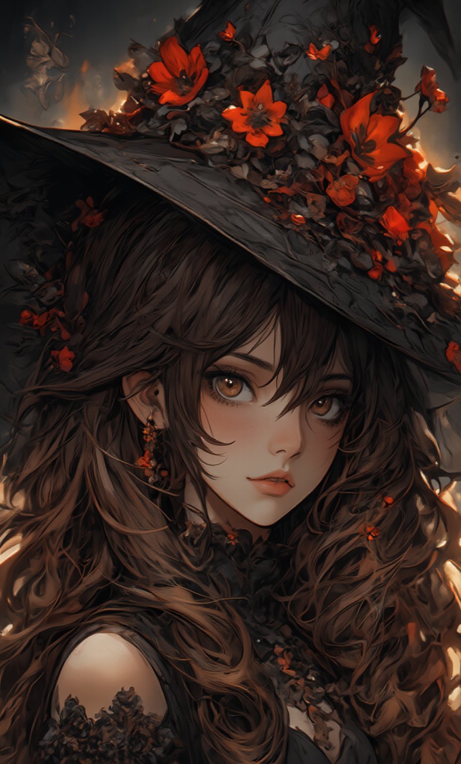 ((hyper realistic: 1.8)), masterpiece, ((sharp face, eyes, lips)), (high contrast), a witch, wear black pointed hat, various red flowers decorate on hat. the long brown wavy hair, the layers of lace wardrobes emits the mysterious atomosphere, shoulders exposed,halloween_witch