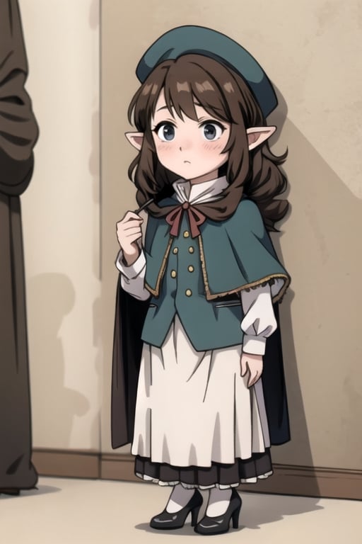 stout, short, young, dwarf, light skin, halfling, long hair, curly dark brown hair, brown eyes, female, (masterpiece) , round face, shy, pointy ears, stewardess, blush, uniform, high heels, hat, capelet, mantle, ruffle compatible, half_apron, fringe_trim, nervous, fantasy,S22littlegirl,LttDrg, maid