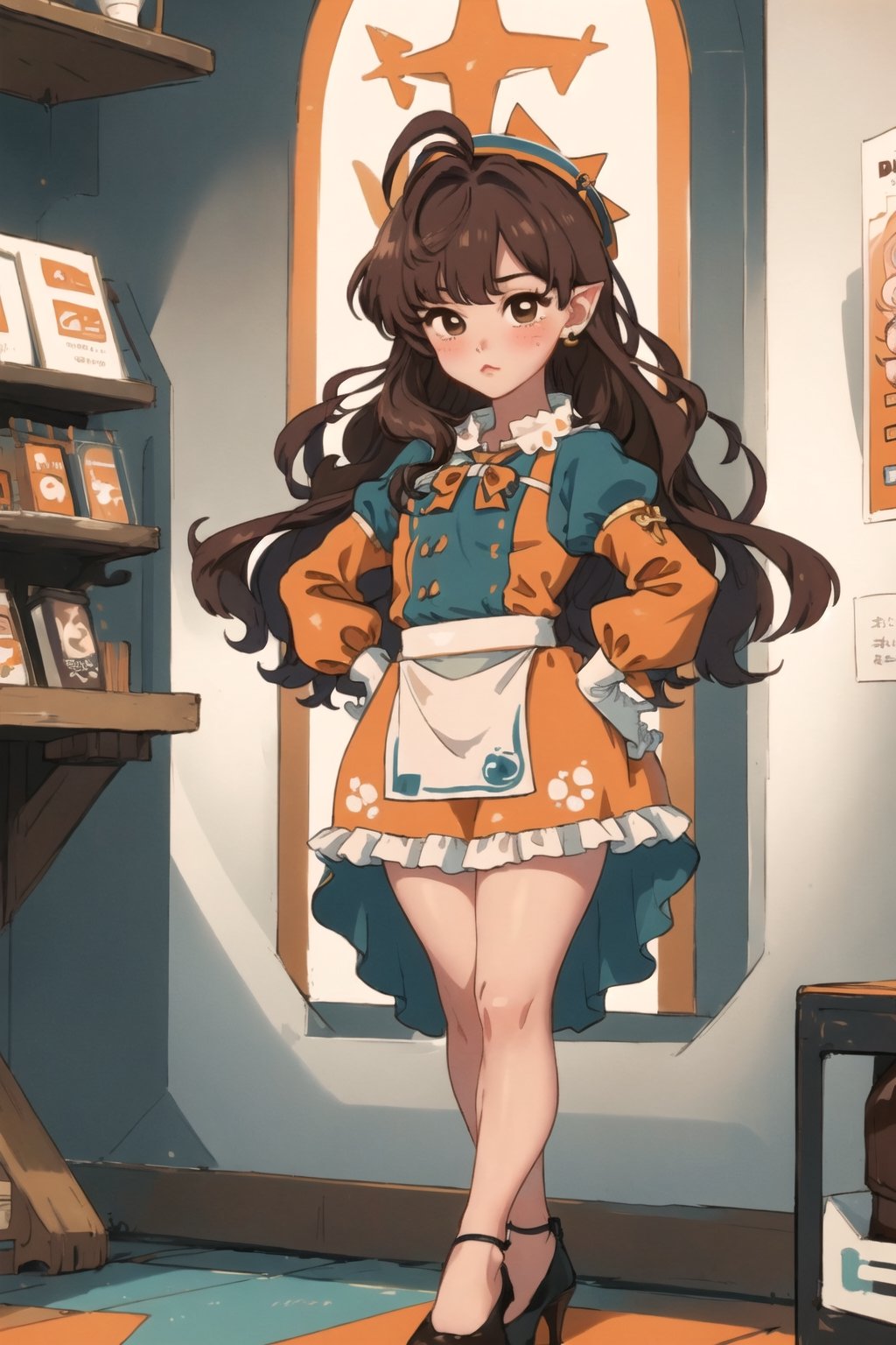 stout, short, young, dwarf, light skin, halfling, long hair, curly dark brown hair, female, (masterpiece) , round face, shy, pointy ears, stewardess, blush, uniform, high heels, hat, capelet, mantle, ruffle compatible, half_apron, brown_eyes, browneyes, nervous, airship, short_legs, short legs, tiny, ,ichinose shiki, brown eyes, dark eyes, dark hair, long skirt, long sleeves, short torso, child, very long skirt,Wide hips, hat, chibi, super_deformed, cafe, barista, idolmaster, long dress, over the knee dress, office lady, wide hips, poofy sleeves, gloves, frilly_dress, orange uniform, orange clothes, orange dress,ahoge, red bowtie, long skirt, very long skirt, very long dress