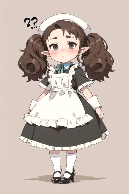 stout, short, young, dwarf, light skin, halfling, long hair, curly dark brown hair, brown eyes, female, (masterpiece) , round face, shy, pointy ears, stewardess, blush, uniform, high heels, hat, capelet, mantle, ruffle compatible, half_apron, fringe_trim, nervous, fantasy,S22littlegirl,Stewardess