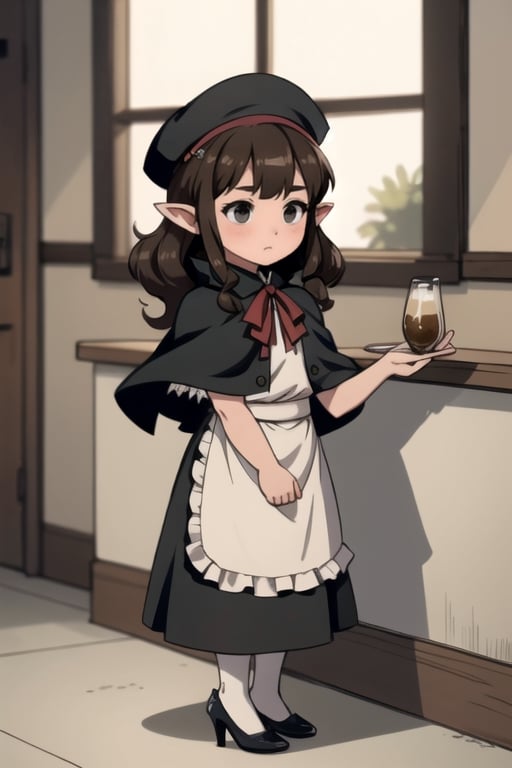 stout, short, young, dwarf, light skin, halfling, long hair, curly dark brown hair, brown eyes, female, (masterpiece) , round face, shy, pointy ears, stewardess, blush, uniform, high heels, hat, capelet, mantle, ruffle compatible, half_apron, fringe_trim, nervous, fantasy,S22littlegirl,LttDrg, waitress, Stewardess, airship,ichinose hajime