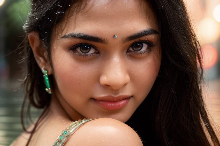 portrait, sexy, natural Indian beauty, dark hair, pinned up hair, shown nec, green eyes, photorealistic,REALISTIC,EveDumon, shown shoulders, short depth of field, blured lights on background, dark light, city light on background, neons, japanese characters, light rain, wet dress, wet skin, city lights reflecting on puddles, small drops, translucent dress, green-eyes, hot looks 
