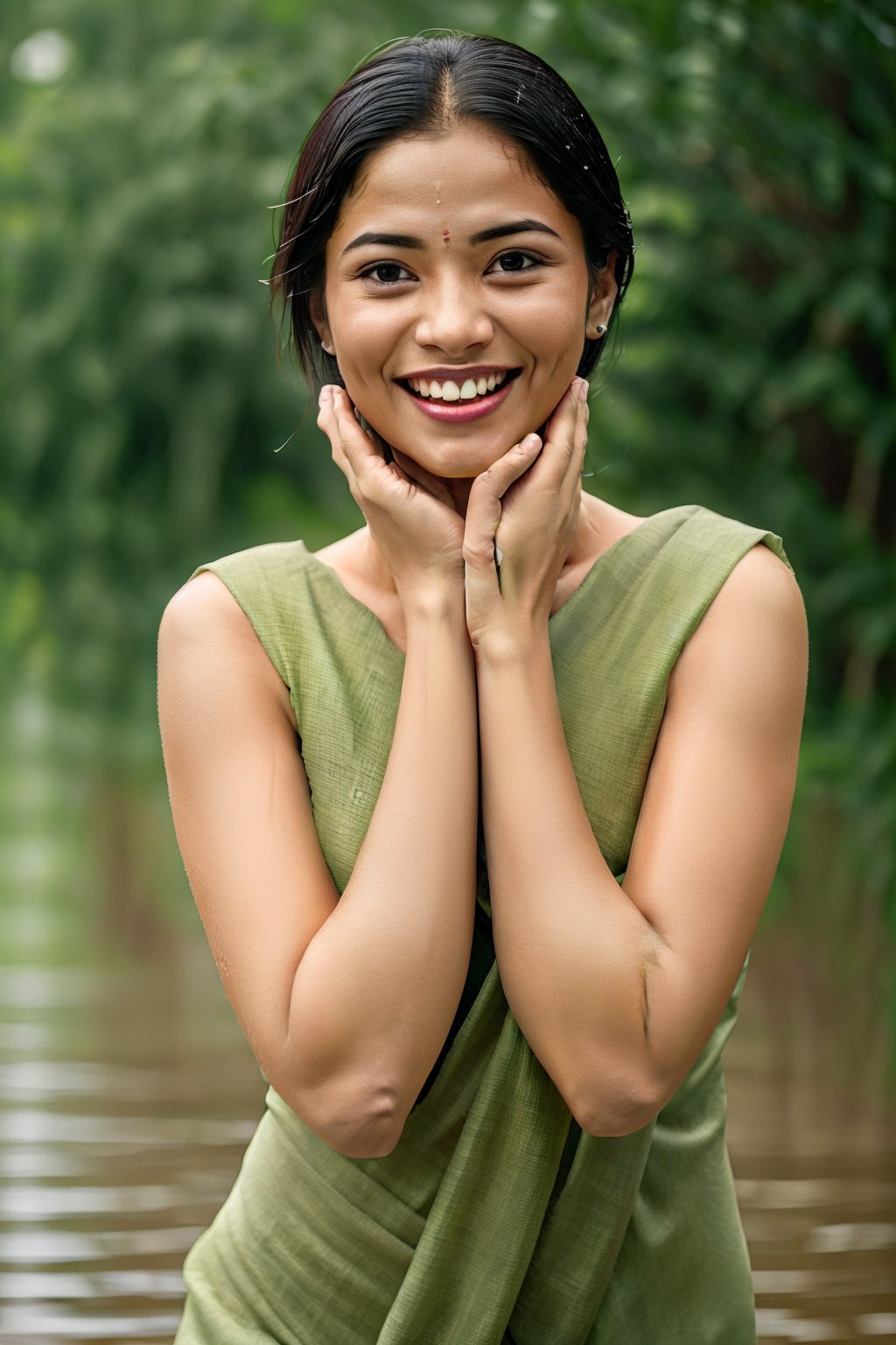 A young Indian Marathi girl, with traditional attire, smiles joyfully as she enjoys the rain during the monsoon season. She stands in a lush, green landscape, with raindrops creating ripples in puddles around her. The scene is framed with soft, diffused lighting, capturing the essence of the rainy weather. Her pose is relaxed and happy, hands outstretched, embracing the refreshing downpour.,Saree