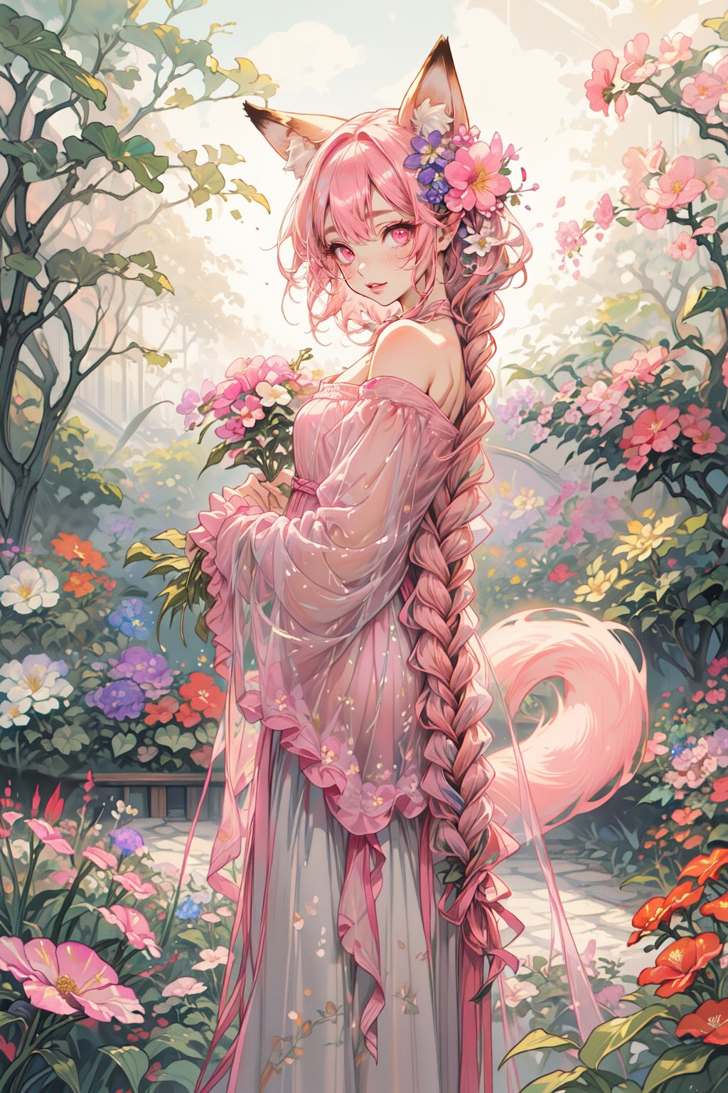 absurdres, (solo), (loli:1.1), cute face, 
(from Directly front:1.0), 
(fox ears:1.2), (pink eyes:1.1), long eyelashes, pink hair, (pink braided hair:1.2), beautiful lips,
BREAK
(see-through lase long dress:1.2), (off shoulder:1.2),
BREAK
(flower garden:1.3), ink painting,chinkstyle